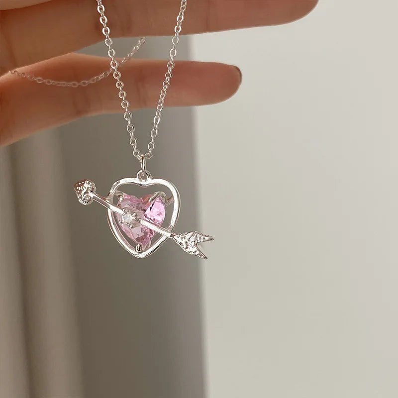 Korean Fashion Pink Crystal Heart Bow Tie Pendant Necklace Silver Color Chain Neck Necklace for Women Wedding Aesthetic Jewelry