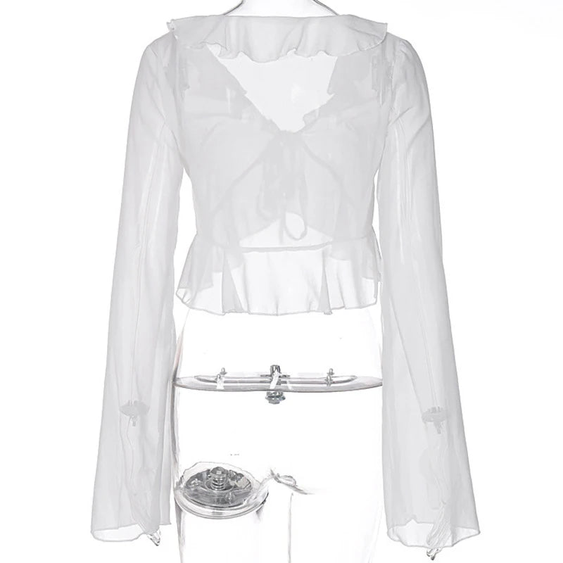 Vintage 90s Streetwear Ruffles Trim Green Chiffon T-shirts Y2K Fashion Sexy Deep V Lace Up Long Sleeve Tops Transparent - AMULET RING STORE