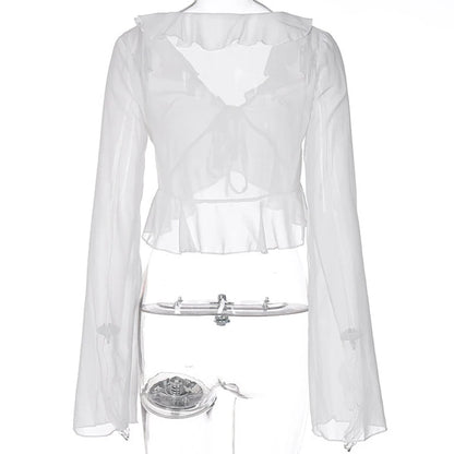 Vintage 90s Streetwear Ruffles Trim Green Chiffon T-shirts Y2K Fashion Sexy Deep V Lace Up Long Sleeve Tops Transparent - AMULET RING STORE