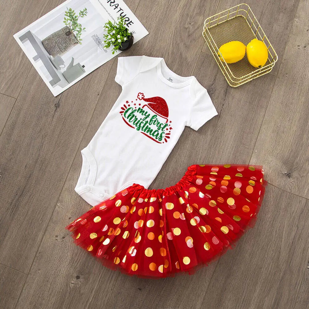 My 1st Christmas Baby bodysuit + Dress set Christmas Party Baby girl Dresses Infant short Sleeve cake Dress Set Toddler Clothing
