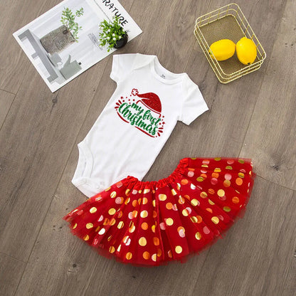 My 1st Christmas Baby bodysuit + Dress set Christmas Party Baby girl Dresses Infant short Sleeve cake Dress Set Toddler Clothing