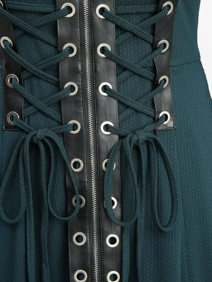 ROSEGAL Plus Size Lace-up Grommets Hooded Lace Trim Split Dress Women Autumn Winter Deep Green Long Sleeves Casual Dresses
