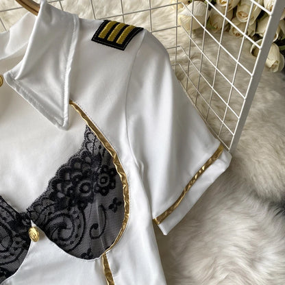 Women Sexy Hollow Skirts Suits Lace Patchwork Turn-down Collar Tops Mini Skirt Underpants 3 Pieces Erotic Pajamas Sets Cosplay - AMULET RING STORE