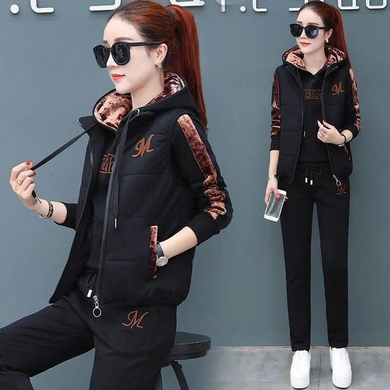 Women's Fashion Plush Thickened Sweat Suit 2025 Autumn Winter New Casual Hooded Tops Waistcoat Pants 3 Three Piece Set For Women