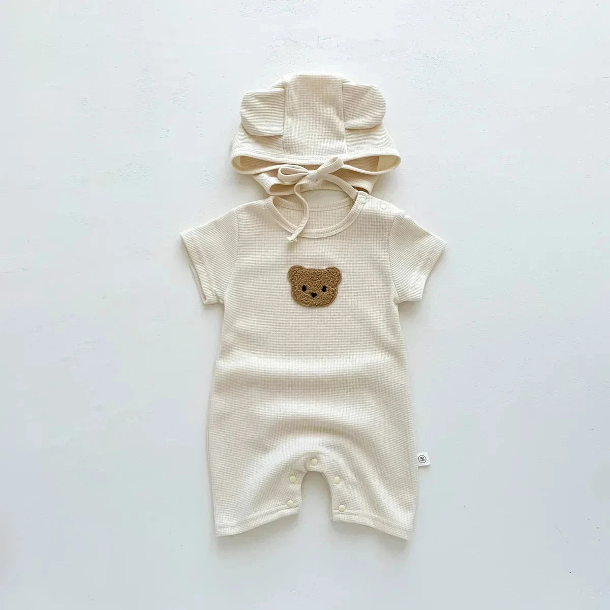 Cotton Romper Gift Hat with Ear New In Summer Kids Baby Girls Boys Short Sleeve Waffle Patch Bear Infant Newborn Jumpsuits - AMULET RING STORE