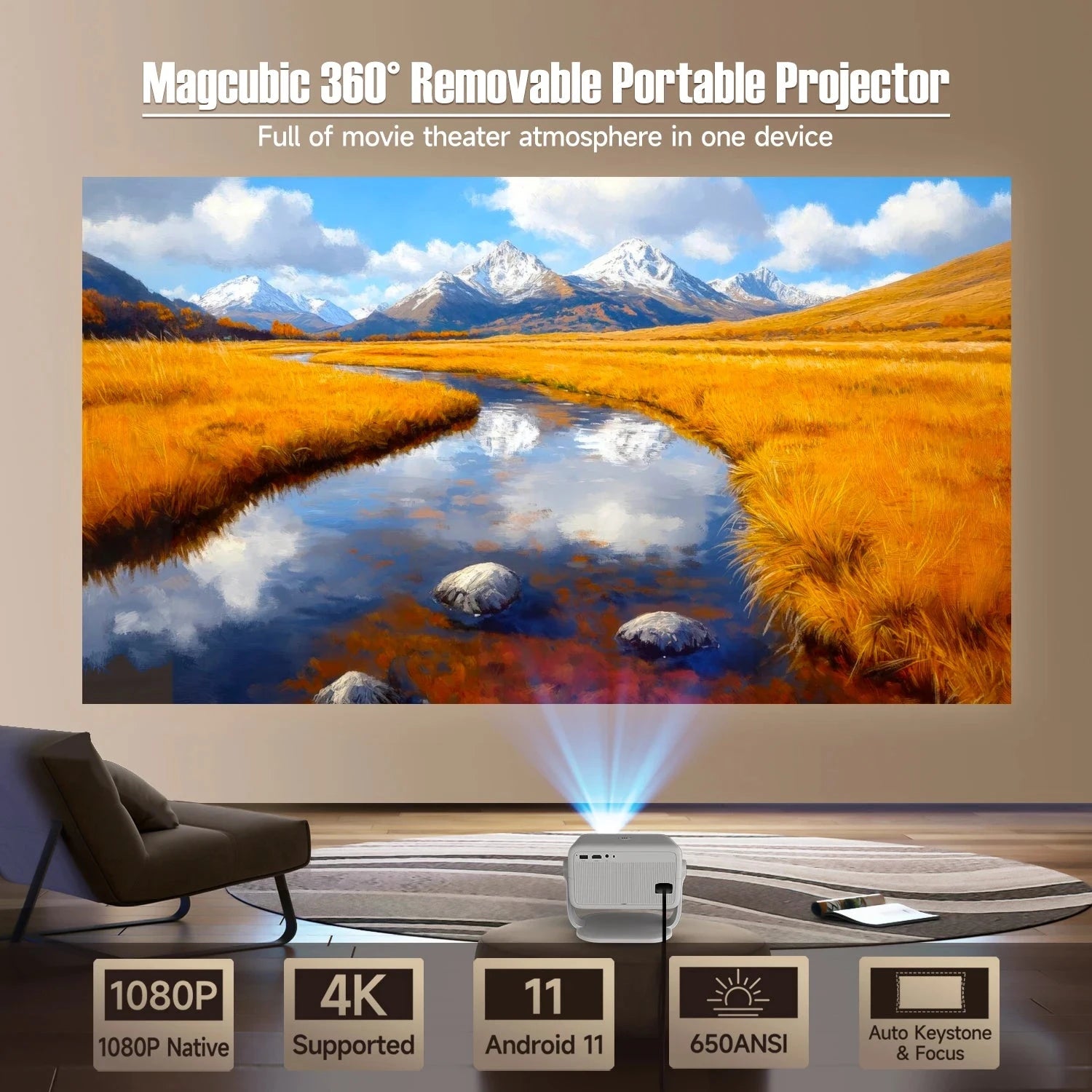 Magcubic 650ANSI L018 4K Projector Native 1080P Home Cinema Auto Focus Keystone Android 11 WiFi6 Portable Projector for Outdoor