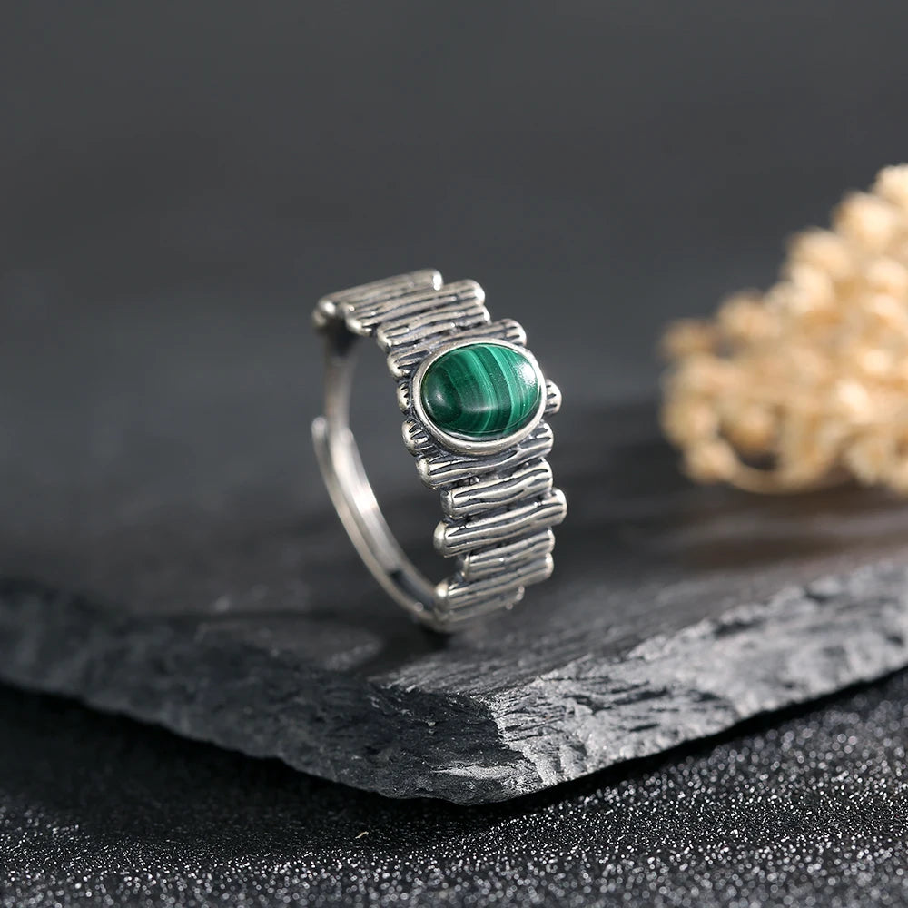 S925 Adjustable Malachite Ring Natural Gemstone Jewelry Textured Boho Silver Ring for Women, Healing Crystal Gift 925 Sterling - AMULET RING STORE