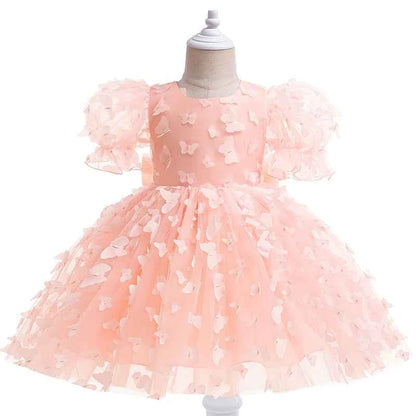 Baby girl dress three-dimensional butterfly Bubble sleeve mesh fluffy princess dress performance birthday party dress girl dress