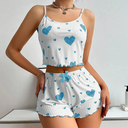 Women's Pajamas Set Sleepwear 2 PCS Short Tank Tops And Shorts S M L White Ventilate Soft Casual Love Printing - AMULET RING STORE