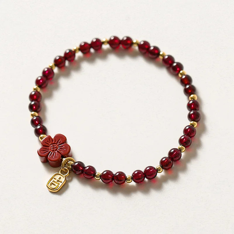 Ruifan Flower Natural Cinnabar Garnet Gold Color Beads Beaded Thin Bracelets for Women Fine Jewelry Accessories Wholesale YBR774
