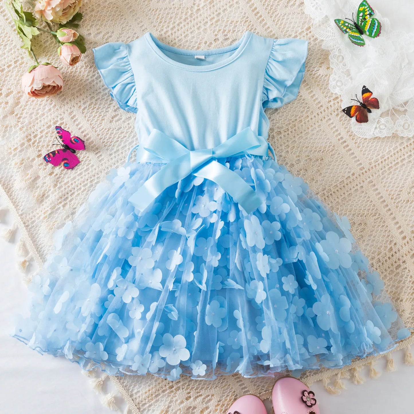 Toddler Baby Girls Clothes Elegant Floral Print Tulle Dress Summer Kids Princess Party Birthday Dress Butterfly Solid Mesh Dress
