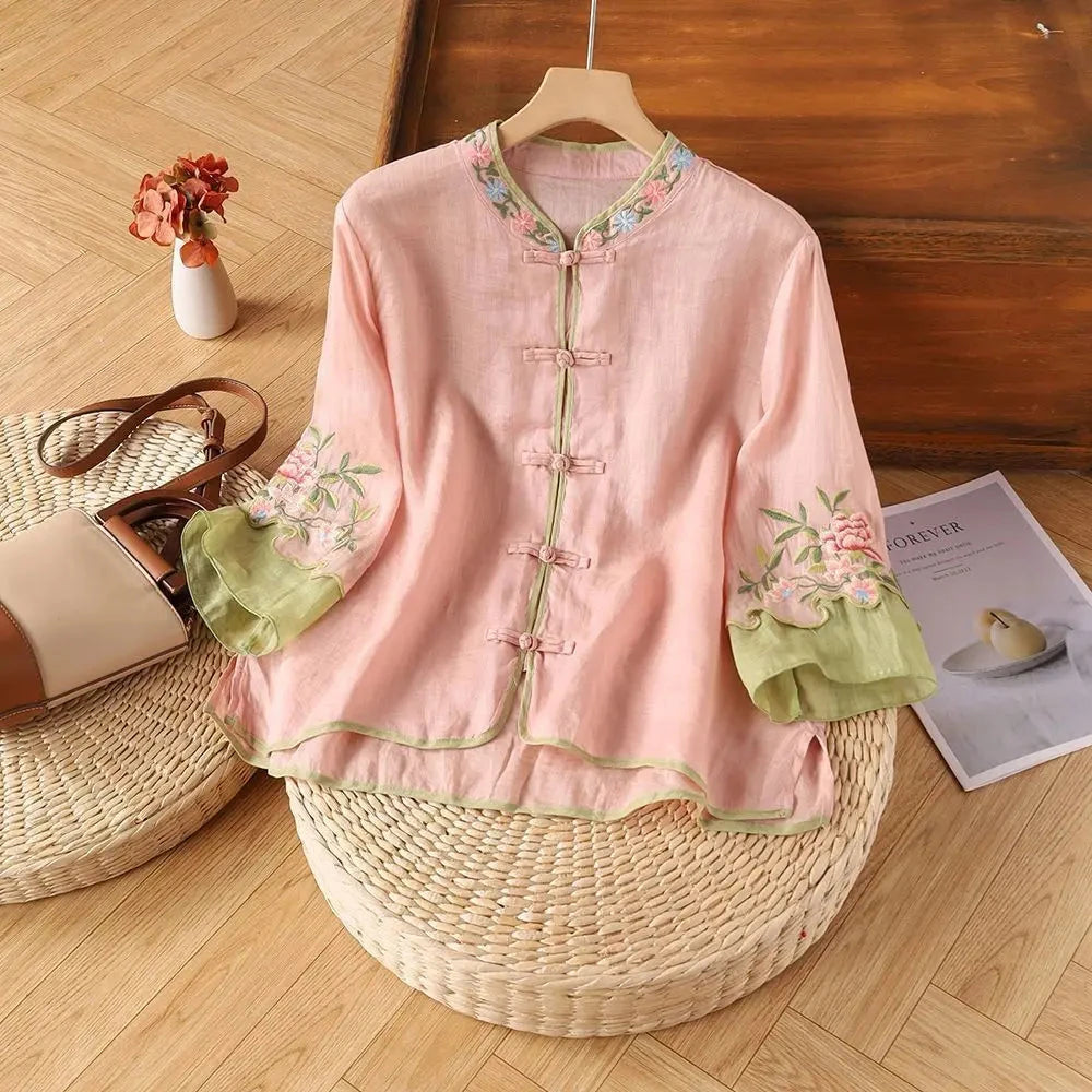 Casual Loose Blouse Shirt Women Clothes Summer Cotton Linen Ladies Tops Tee Blusas Vintage Embroidery Woman Shirt Camiseta Mujer