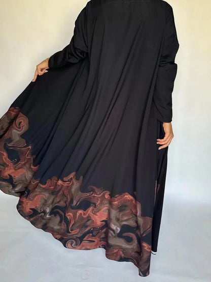 Middle Eastern Loose Open Front Abaya Muslim Women Full Sleeve Printed Abayas Turkey Kaftans Jilbabs Islamic Maxi Dresses - AMULET RING STORE