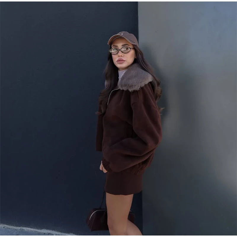 Solid Twill Denim Jacket Women Chic Patchwork Fur Collar Lapel Full Sleeve Zipper Pockets Loose Coat Lady Commute Street Wear