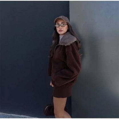 Solid Twill Denim Jacket Women Chic Patchwork Fur Collar Lapel Full Sleeve Zipper Pockets Loose Coat Lady Commute Street Wear