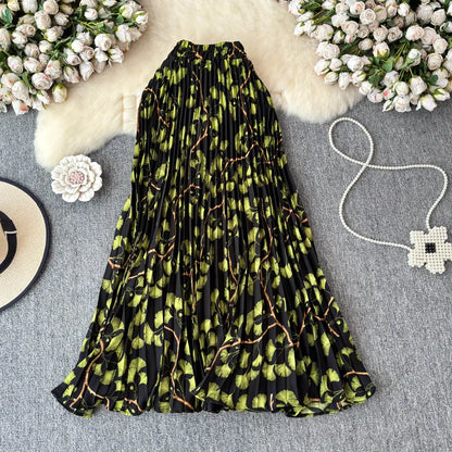 Chiffon A-Line Midi Skirt Women's Autumn 2025 New Sle Cover Hip Draped Large Swing Umbrella Skirt Pleated Floral Skirt