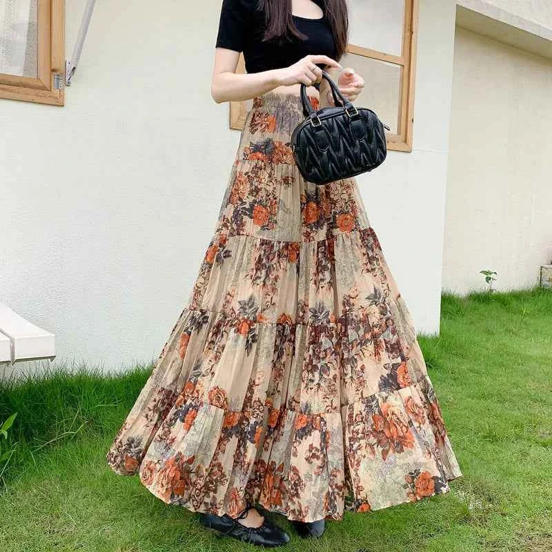 Retro Floral Pleated to Ankle f Skirt Women's Draped High Waist Midi A-Line Skirt Polyester Fiber Spring Season