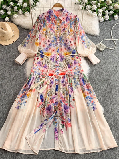 Faionable Print Long Dr Women's Spring Belted Waist Pleated Lantern Sve Turn-down Collar Dr Korean Sle Commute