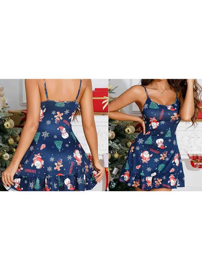 Womens Slip Sleep Dress Christmas Elements Print Adjustable Thin Spaghetti Straps O-Neck Ruffled Hem A-line Nightgowns