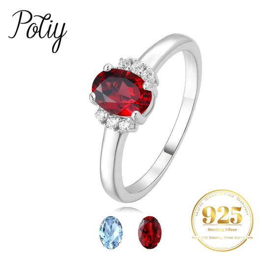 Potiy Natural Oval Shape Sky Blue Topaz Garnet Ring 925 Sterling Silver for Women Daily Wedding Party Jewelry