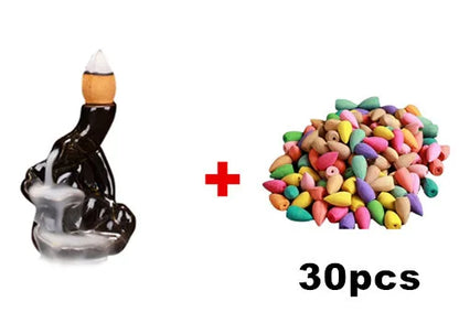 With 30 Incense Waterfall Incense Burner Ceramics Backflow Buddha Censer Backflow Incense Holder Home Office Yoga Teahouse Decor - AMULET RING STORE