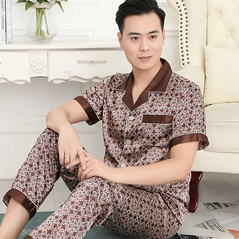 High Quality Pajamas Set Men Spring Autumn Thin Polyester Ice Silk Long-sleeved Sleepwear Plus Size Summer Home Clothes Male