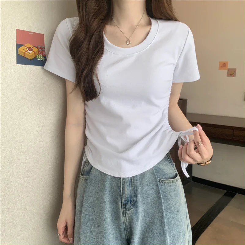 Drawstring Short Sleeve T-shirt Women Spring Summer Spicy Style Slim Fit Short Unique Top M L Xl 2XL Korean Casual Style - AMULET RING STORE