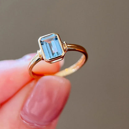 Refined S925 Sterling Silver Gold Plated Casual Aquamarine Ring For Women Rectangular Material Easiest For Match