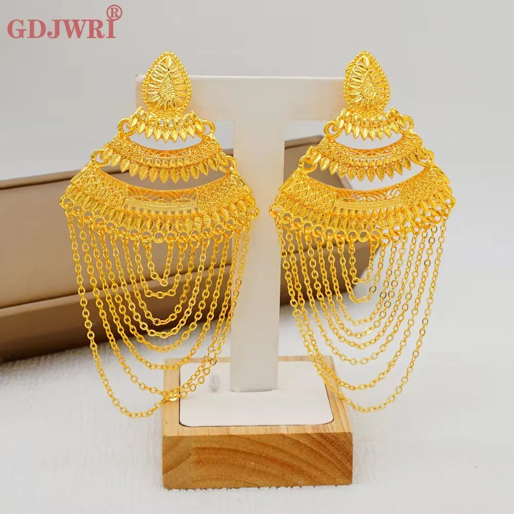 Fan Shape Earrings New Fashion Dubai Gold Color Drop Earrings French African Women Girls Party Gifts Wedding Jewelry Earring