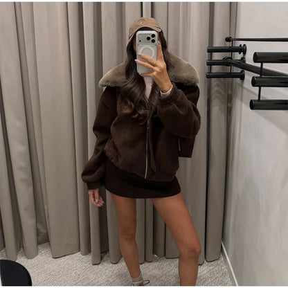 Solid Twill Denim Jacket Women Chic Patchwork Fur Collar Lapel Full Sleeve Zipper Pockets Loose Coat Lady Commute Street Wear