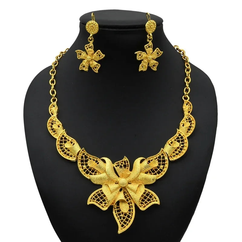 ANIID Indian 24K Gold Color Jewelry Sets For Women Wedding Dubai Necklace Earrings Nigerian African Bridal 4PCS Set Party Gifts