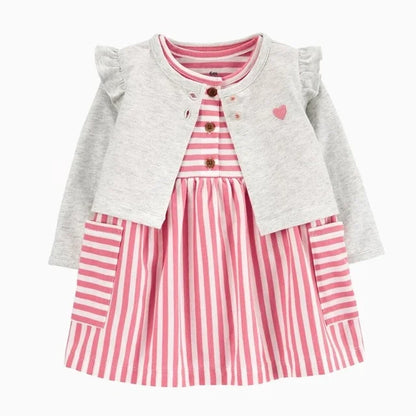 Infant Baby Girls Bodysuit Dress Cotton Floral Baby Girls Long-Sleeved Coat+Short SLeeve Dress 2Pieces Baby Girls Clothes sets