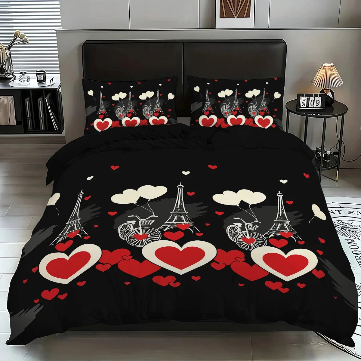3pcs Heart pattern printed bedding set,1 quilt cover+2 pillowcase, suitable for couples and adults bedroom, home decoration - AMULET RING STORE