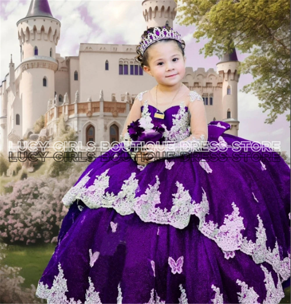 Elegant Quality Dark Blue Flower Girl Dress Tulle Fluffy Exquisite Lace Applique With Bow Little Princess Birthday Party Gowns