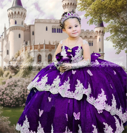 Elegant Quality Dark Blue Flower Girl Dress Tulle Fluffy Exquisite Lace Applique With Bow Little Princess Birthday Party Gowns