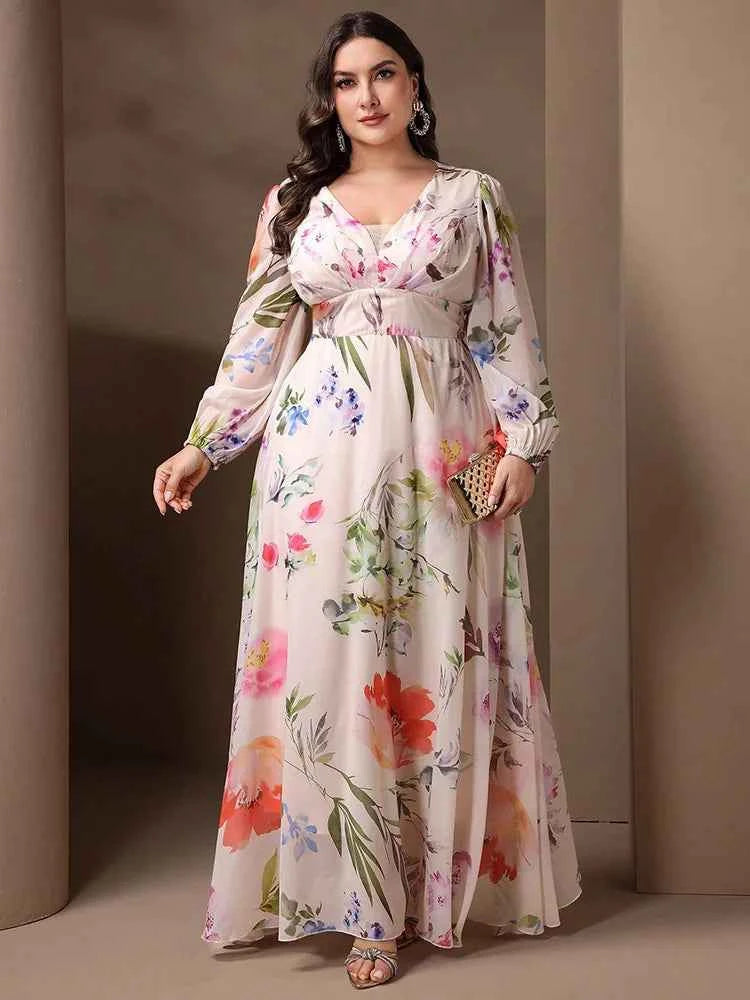 TOLEEN 2024 New Summer Casual Elegant V-Neck Slim Mesh Holiday Dresses Fashion Floral Printed Plus Size Womens Long Sleeve Dress