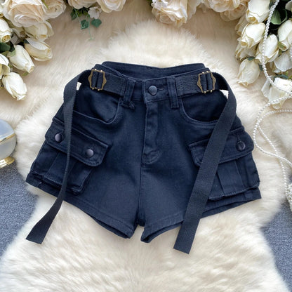 Women's Summer High Waisted Stretchy Denim Shorts Korean Cargo Style Slim Fit Ultra Short Hot Pants with Large Pockets for Dance