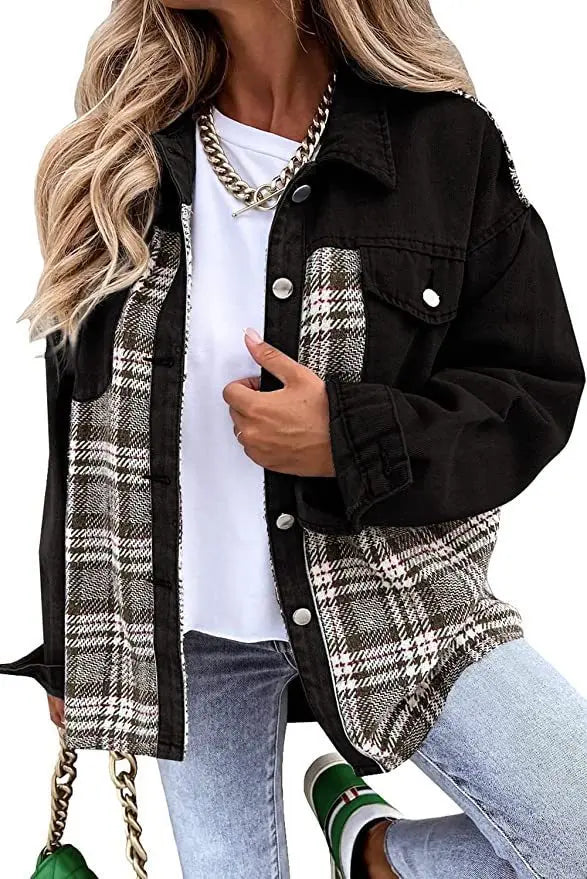 Autumn and Winter Long Sleeved Plaid Color Block Shaking Button Shirt Collar Denim Jacket for Women - AMULET RING STORE