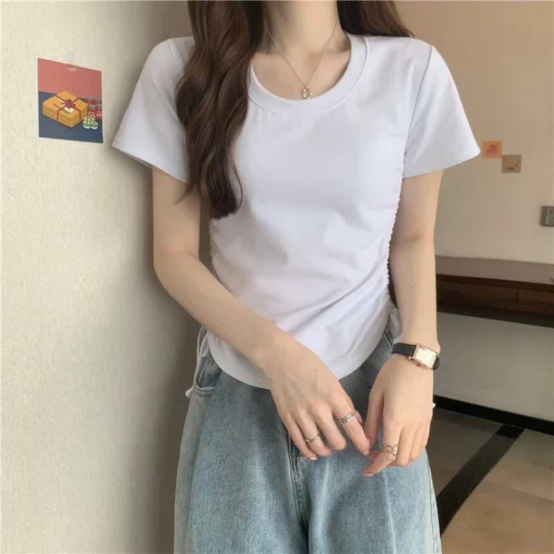 Drawstring Short Sleeve T-shirt Women Spring Summer Spicy Style Slim Fit Short Unique Top M L Xl 2XL Korean Casual Style - AMULET RING STORE