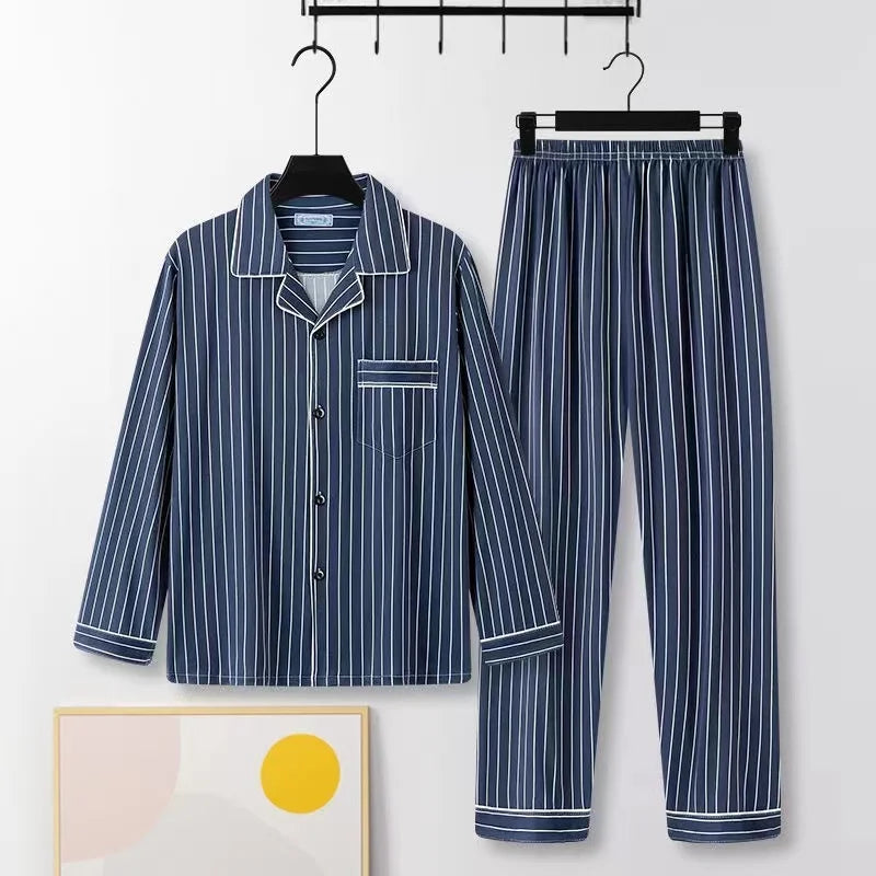 Casual Pure Cotton Men's Spwear Long Sve Long Pants Two-Piece Set Plaid Striped Simple Wearable Home Clothes