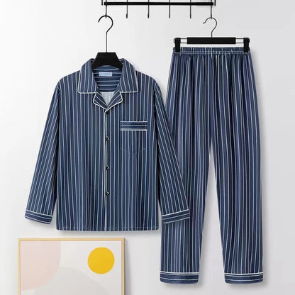 Casual Pure Cotton Men's Spwear Long Sve Long Pants Two-Piece Set Plaid Striped Simple Wearable Home Clothes