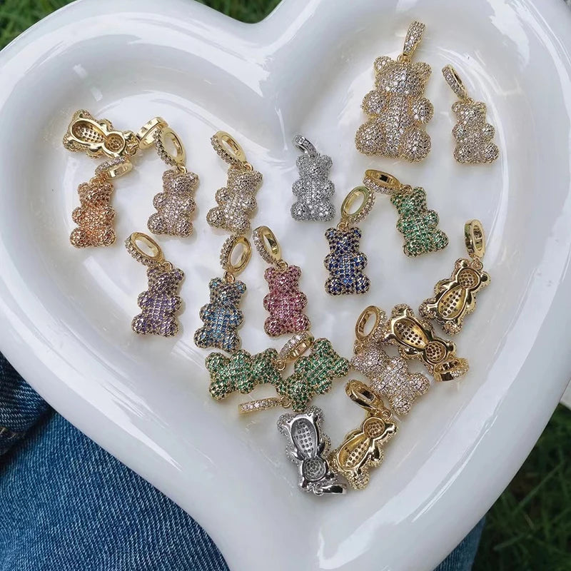 Luxury Fine Inlaid Rainbow Cubic Zirconia Charm Pendant,Cute Bear Jewelry Necklace Bracelet Making Wholesale Supplies M85 - AMULET RING STORE