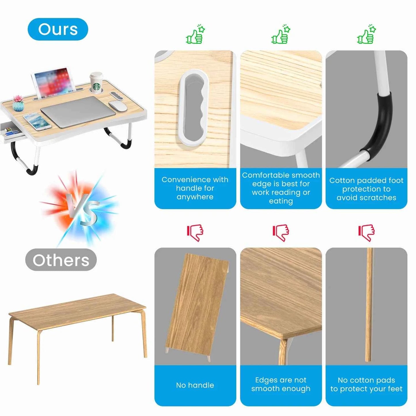 Extra-large multifunctional folding desk, portable multi-color wooden laptop bed desk with cup holder, suitable for work, readin