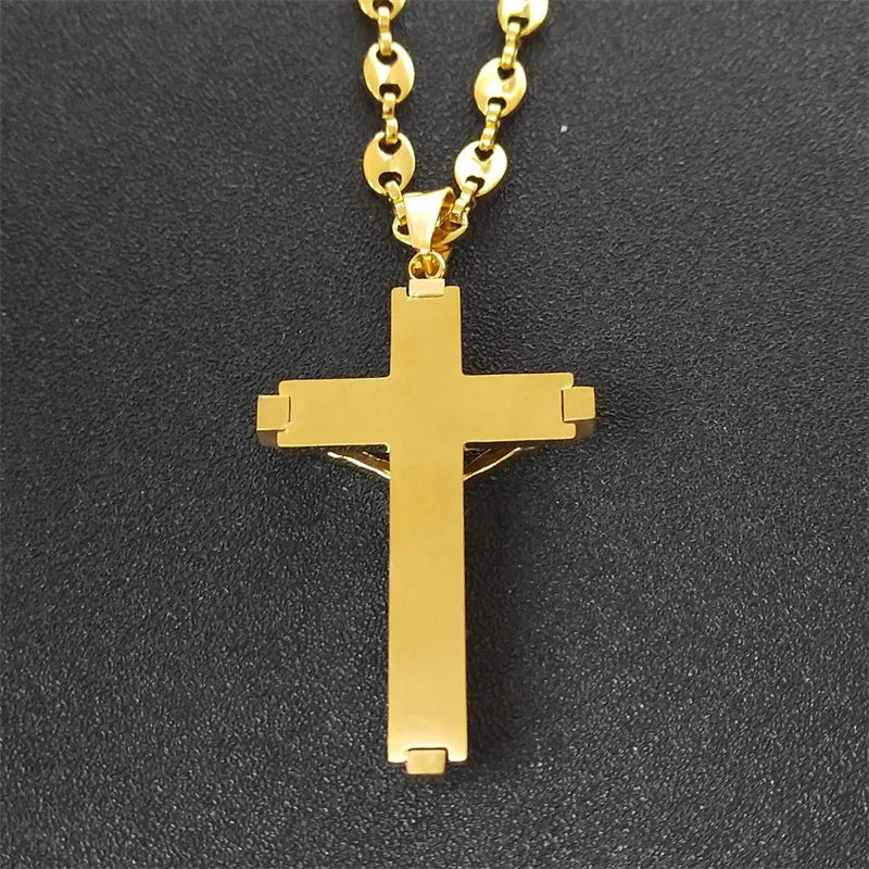 Jesus Cross Crucifix Pendant Necklace for Men Stainless Steel Gold Color Christian Coffee Bean Chain Jewelry croix chrétienne - AMULET RING STORE