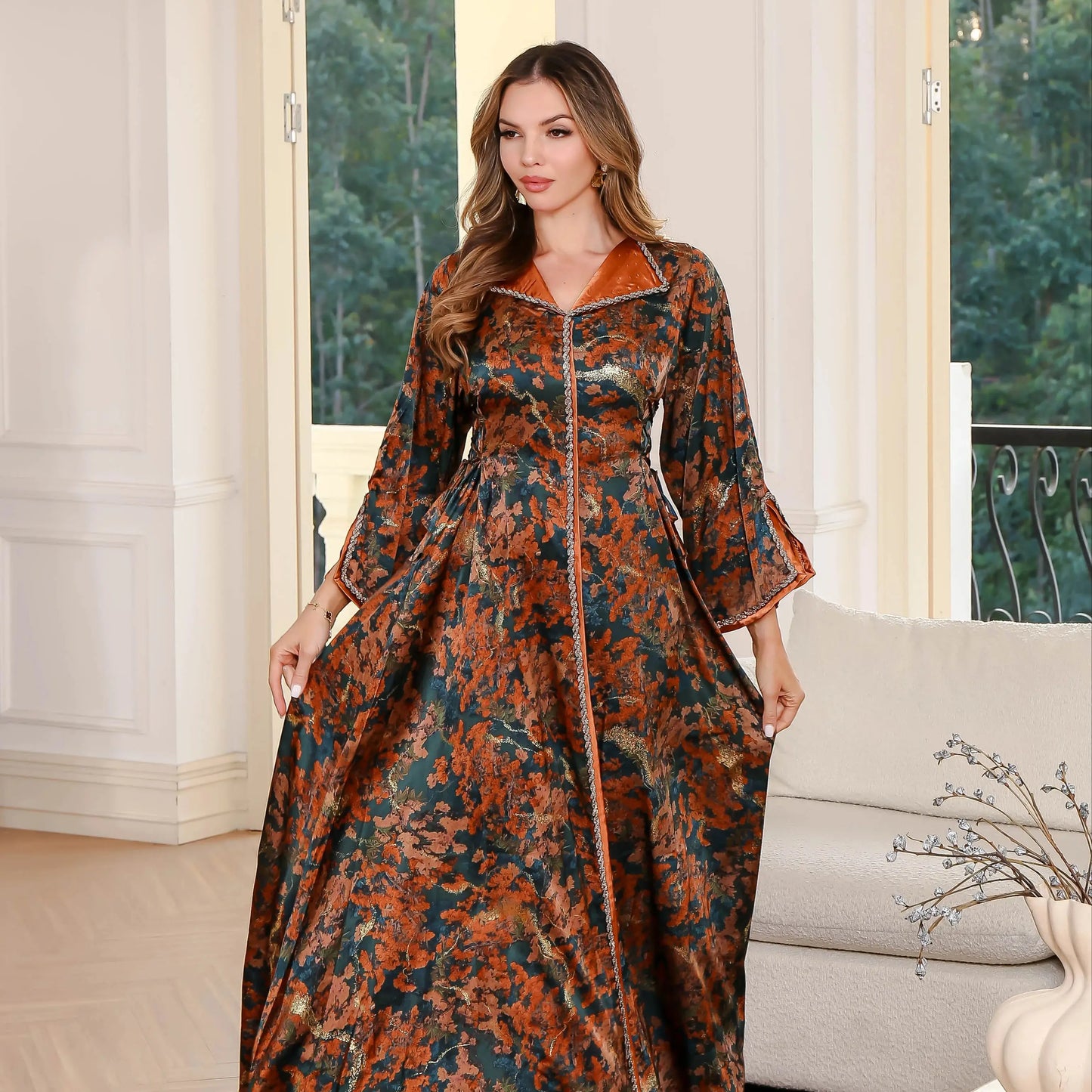 Elegant Plus-Size Floral Maxi Kaftan with Hijab - Lightweight Polyester, Long Sleeve, Open Front Cardigan for Women - Ideal for - AMULET RING STORE