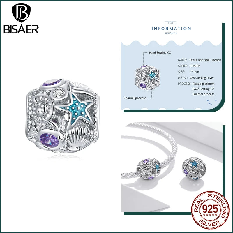 BISAER 925 Sterling Silver Charm Ocean Style Fish Dolphin Mermaid Shell Blue CZ Bead For Necklace&Bracelet DIY Fine Jewelry Gift - AMULET RING STORE