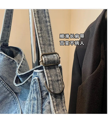 2025 New Women's Denim Tote Bag - Retro Crossbody Shoulder Bag with Large Capacity for Work & Commute, Fashionable Denim Handbag