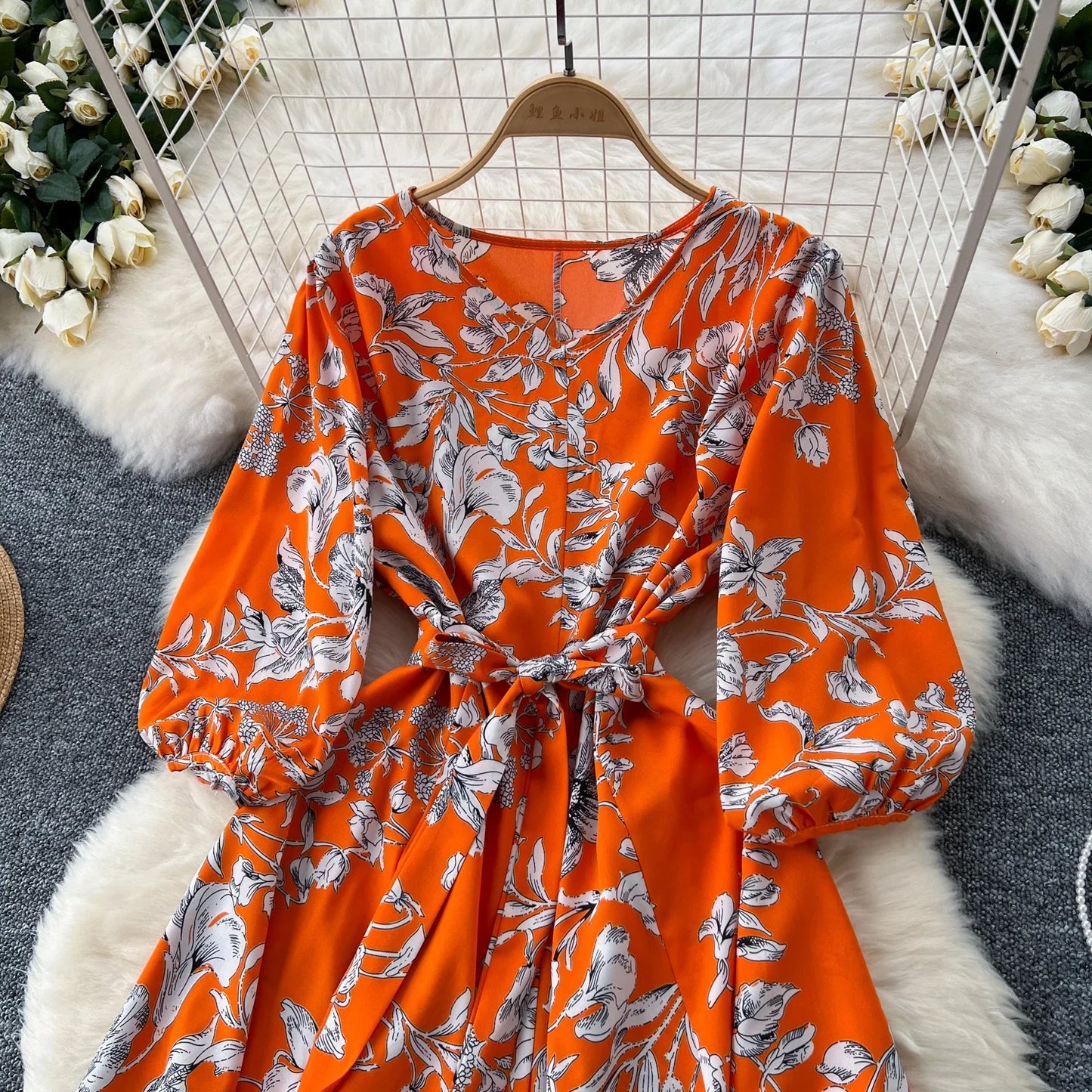 Elegant Boho Floral Print Floral Pleated Maxi Long Dress Female V Neck Puff Sleeve Belt Dresses Women Summer Dress Robe