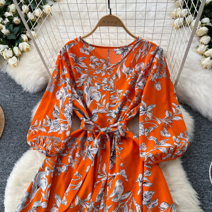 Elegant Boho Floral Print Floral Pleated Maxi Long Dress Female V Neck Puff Sleeve Belt Dresses Women Summer Dress Robe