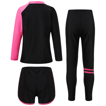 3Pcs Kids Girls Colorful Print Swimsuit Swimwear Long Sleeve Top+Shorts with Pants Set Sun Protection Rash Guard Swimming Outfit - AMULET RING STORE
